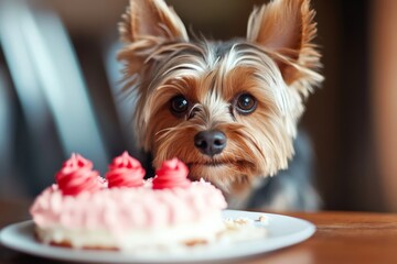 Yorkshire terrier curiously gazes at delicious cake during a birthday celebration at home