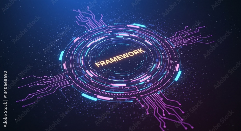 Poster technological blueprint: a digital illustration of a framework concept. at the center, an illuminate