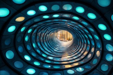 Unique tunnel structure illuminated by blue lights offers a striking view towards an outdoor area during daylight