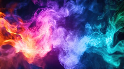 Colorful abstract smoke or vapor with hues of orange, pink, blue, and green swirling together against a dark background creating a dynamic texture