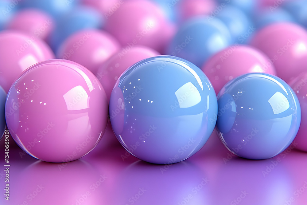 Poster close-up of numerous glossy spheres in pastel pink and blue, creating a visually appealing pattern