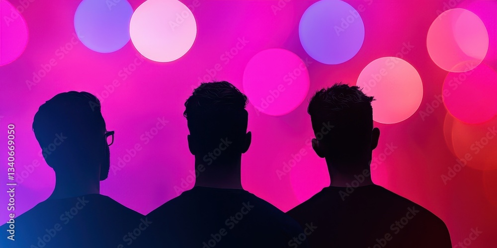 Poster three silhouetted figures against a vibrant, colorful bokeh background, creating a striking visual c