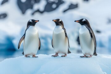 Naklejka premium Gentoo penguins gather on an iceberg in Antarctica during the soft light of dawn
