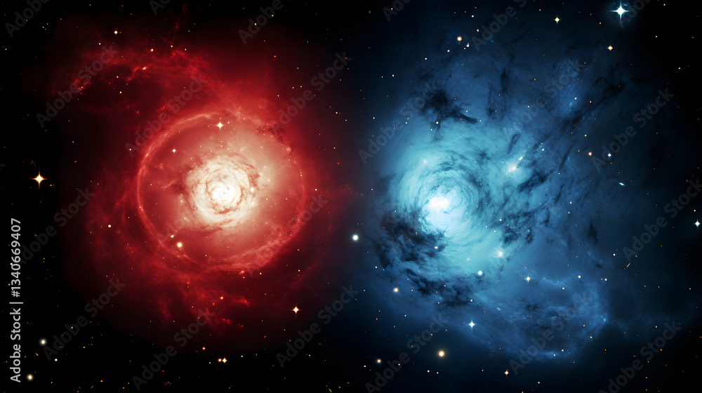 Poster stunning view of two galaxies engaging in dramatic interstellar interactions in the vastness of oute