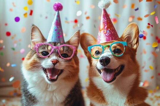 Joyful pets celebrate with party hats and glasses during a festive occasion at home