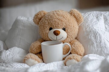 Cozy teddy bear enjoying a warm cup of coffee in a soft bed during a peaceful morning