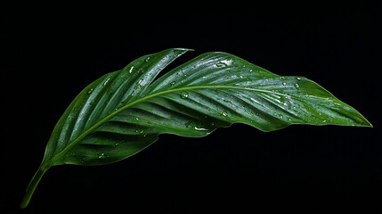 A vibrant green leaf with water droplets on a black background.