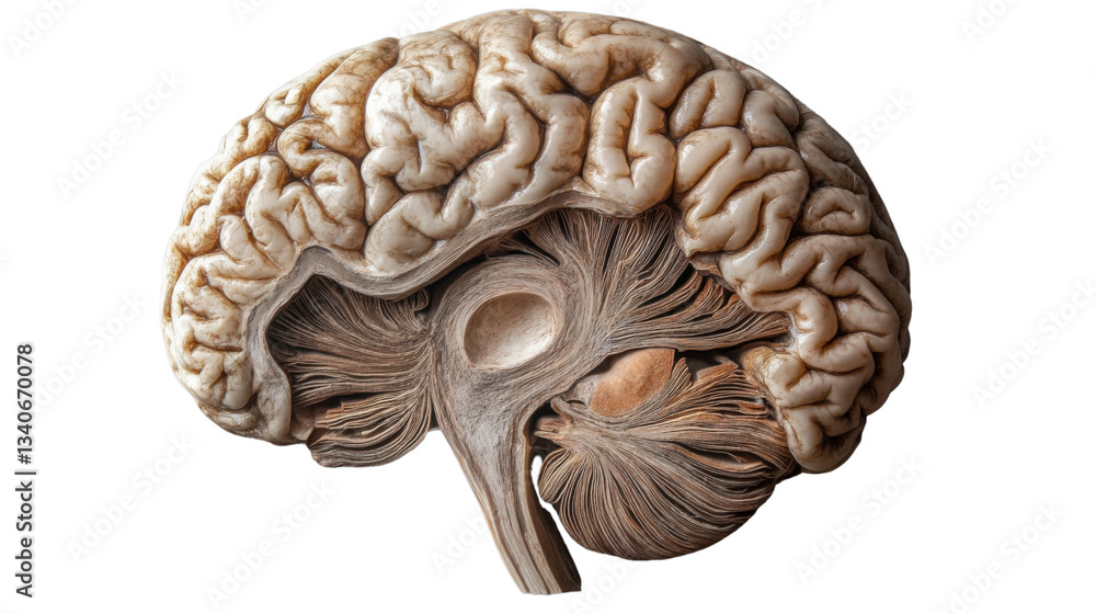 Poster dissected human brain showing internal structures on transparent background