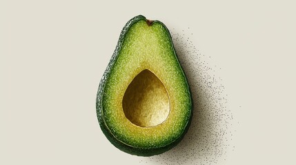 Digital illustration of an avocado. the avocado is cut in half, revealing the flesh inside. the flesh is a light green color with small black dots scattered around it, creating a textured pattern.