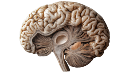 Dissected human brain showing internal structures on transparent background