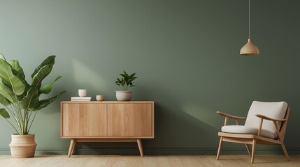 Corner of a room with a wooden floor and a green wall. on the left side of the image, there is a large potted plant with large green leaves.