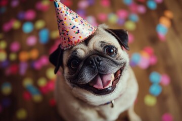Happy pug wearing a party hat celebrates a joyous occasion surrounded by colorful confetti
