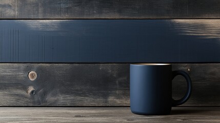 Black mug on a wooden surface. the mug is empty and is placed in front of a dark blue wooden background. the wooden planks are arranged in a horizontal line, creating a rustic and natural look.