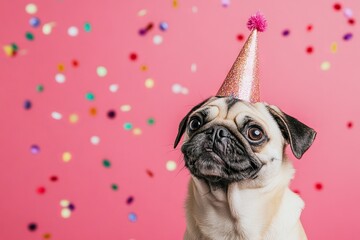 Pug wearing a party hat against a colorful confetti backdrop celebrating a joyful occasion