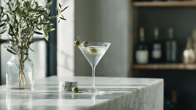 Martini glass on a marble countertop in a kitchen. the glass is filled with a clear liquid and has two olives on the rim. on the left side of the countertop, there is a small vase with green leaves.