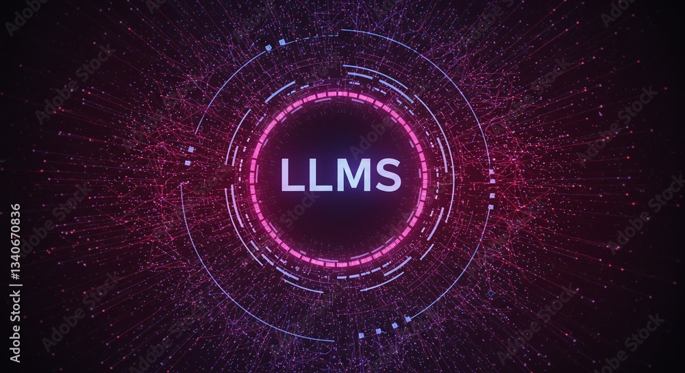 Poster llms circle technology: a close-up shot of a neon-lit circle labeled llms, radiating with digital ne