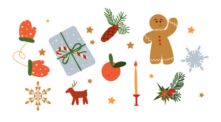 Christmas Set: Holiday Present, Gingerbread Man, Cookies, Snowflake, Tangerine, Winter Mittens, Fir Tree Branch with Cone, Holly and Candlelight. Vector Christmas Decoration in Flat Style.