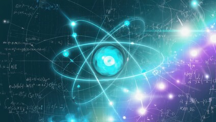 Naklejka premium Atom model and scientific equations