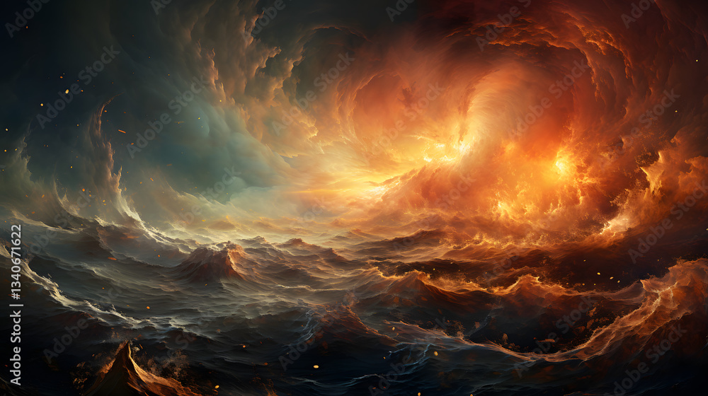 Poster spectacularly colorful sky enhanced by wispy dust and gas clouds creating a dreamlike scene in the e