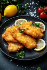 Fried fish fillets on a black plate, garnished with fresh parsley and lemon slices, delicious seafood dish perfect for Lent, family meals, and summer gatherings.