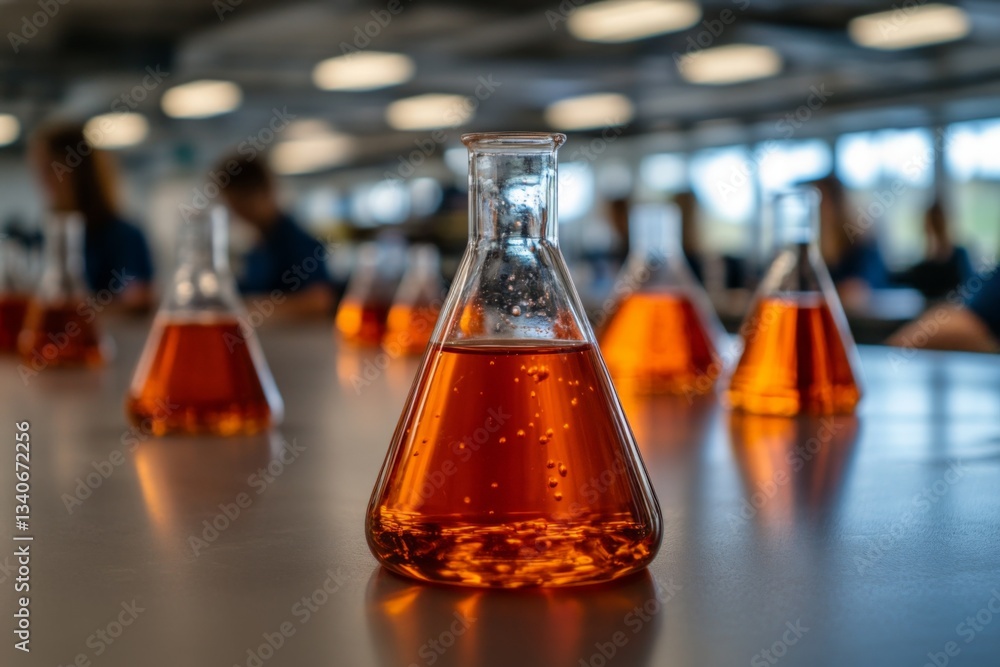 Poster Scientific experiment in a laboratory showcasing orange liquid in flasks with blurred background and bright lighting