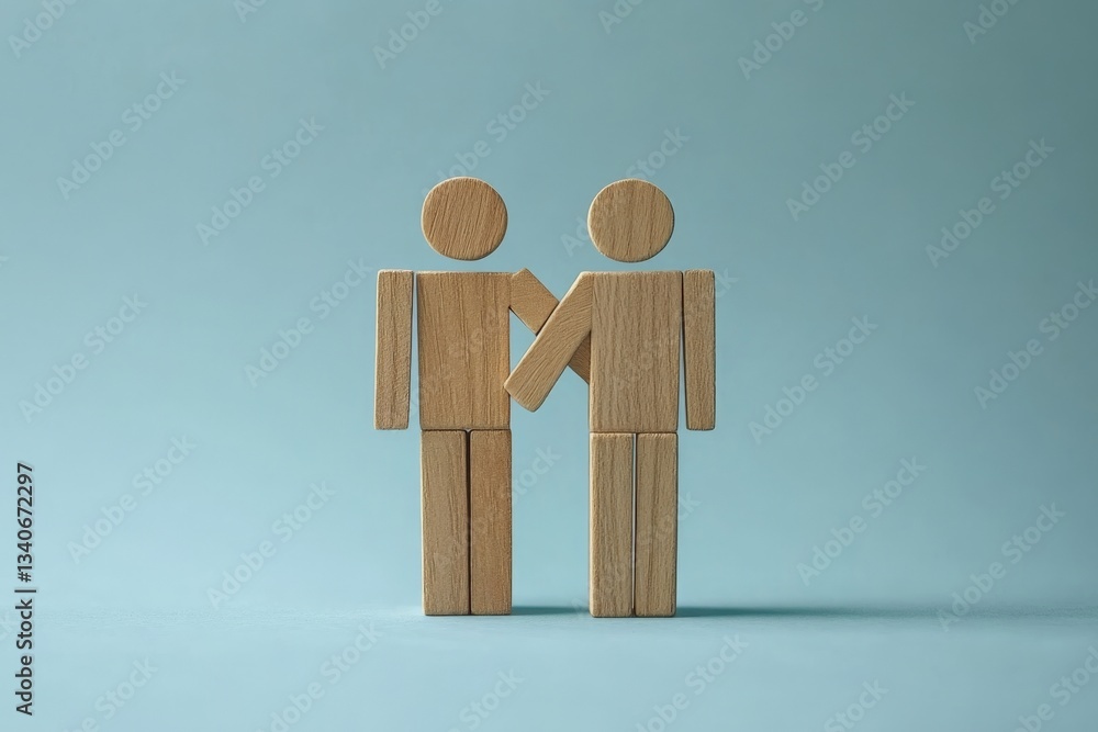 Poster two wooden figures standing together representing friendship and unity on a soft blue background