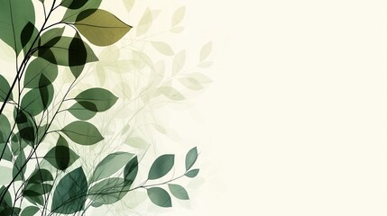 Abstract background with a white background. on the left side of the image, there are several green leaves of different sizes and shapes.