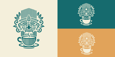 Barongs Balinese with Coffee Logo Icon Vector Illustration