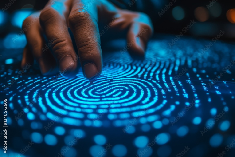 Aufkleber hand interacts with glowing fingerprint scanner in a dark tech environment at night