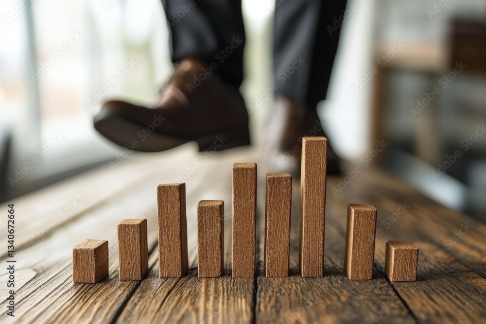 Poster business professional analyzing growth trends while stepping on wooden blocks positioned on a table 