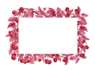 Obraz premium Cherry branches rectangular frame with template inside. Watercolor illustration isolated from the background. Red monochrome style. Perfect for packaging tincture, liqueur, compote, dumplings, logo