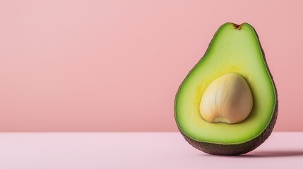 Close-up of an avocado on a pink background. the avocado is cut in half, revealing the flesh inside. the flesh is a light green color and appears to be fresh.