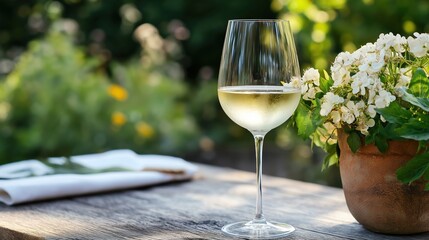 Glass of white wine on a wooden table in a garden. the glass is filled with a clear liquid, likely white wine, and is placed next to a potted plant with white flowers.