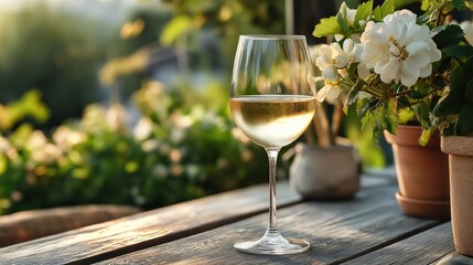 Glass of white wine on a wooden table in a garden. the glass is filled with a clear liquid, likely white wine, and is placed in the center of the table.