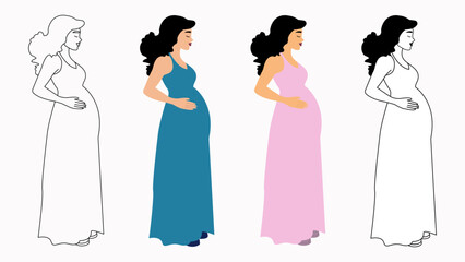 A beautiful pregnant woman illustration. A happy pregnant woman in a long dress. An outline illustration of a pregnant woman. A colorful illustration of a pregnant woman in a blue or pink dress.