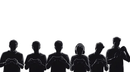 Silhouetted group of people holding game controllers, focused on playing video games, with one wearing headphones.