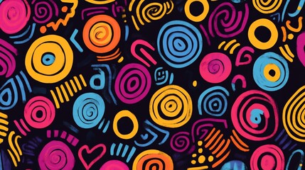 A vibrant pattern of swirling shapes and colors on a dark background, evoking creativity.