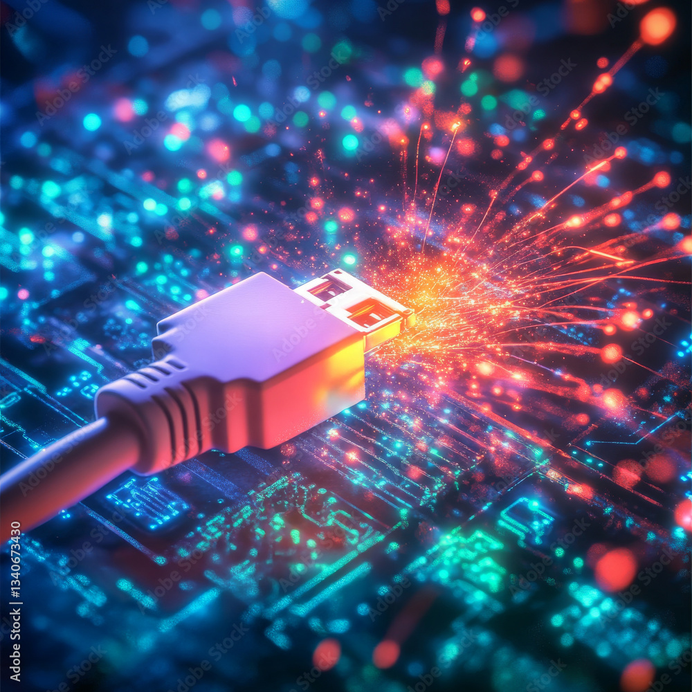 Aufkleber a single ethernet cable unplugged, with glowing particles dispersing from the connection, symbolizin