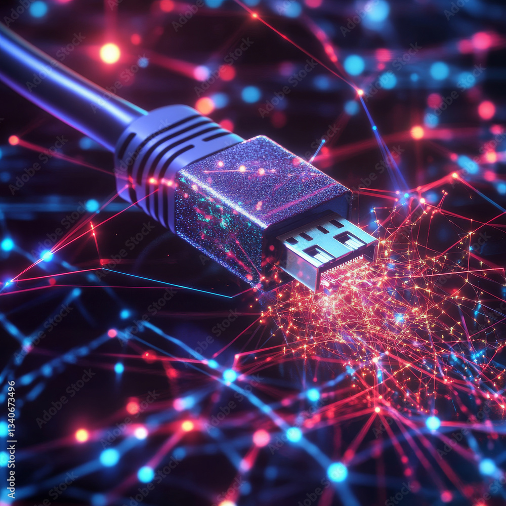Aufkleber an unplugged ethernet cable releases glowing particles, representing a broken network connection and