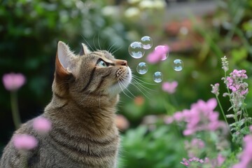 Cat curiously watches bubbles floating in a vibrant garden filled with colorful flowers during a sunny afternoon