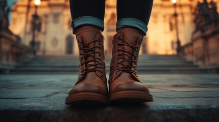 Brown leather boots on stone steps at dusk near a historic building in an urban environment