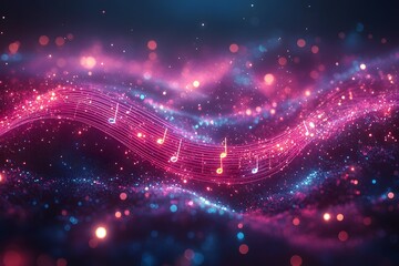 Obraz premium Vibrant Neon Music Notes on Glittering Abstract Background for Creative Design