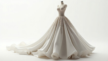 This image showcases an elegant wedding gown displayed on a mannequin against a clean, minimalist background