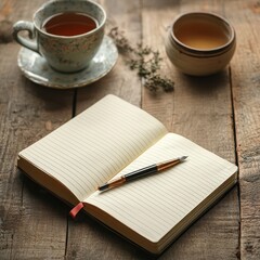An open notebook with a pen resting on it, placed on a wooden desk with a cup of herbal tea nearby, symbolizing reflection and journaling