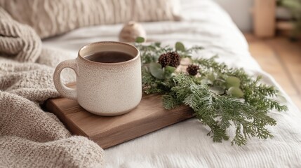 White ceramic mug with a handle on a wooden tray. the mug is filled with a dark liquid, possibly coffee or tea.