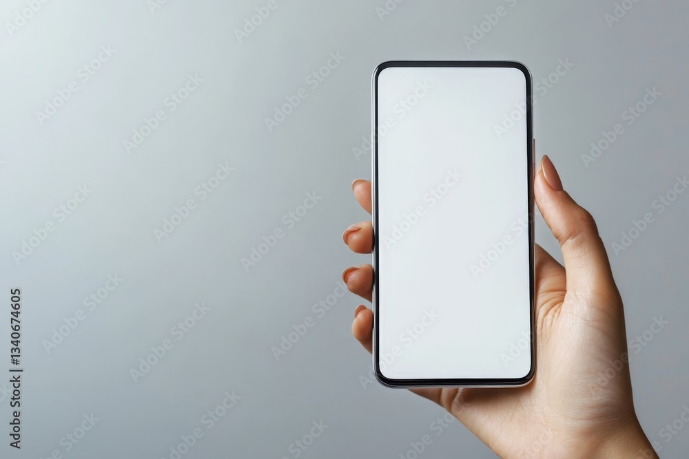 Poster Hand holding a smartphone with a blank screen against a gray background in a modern setting