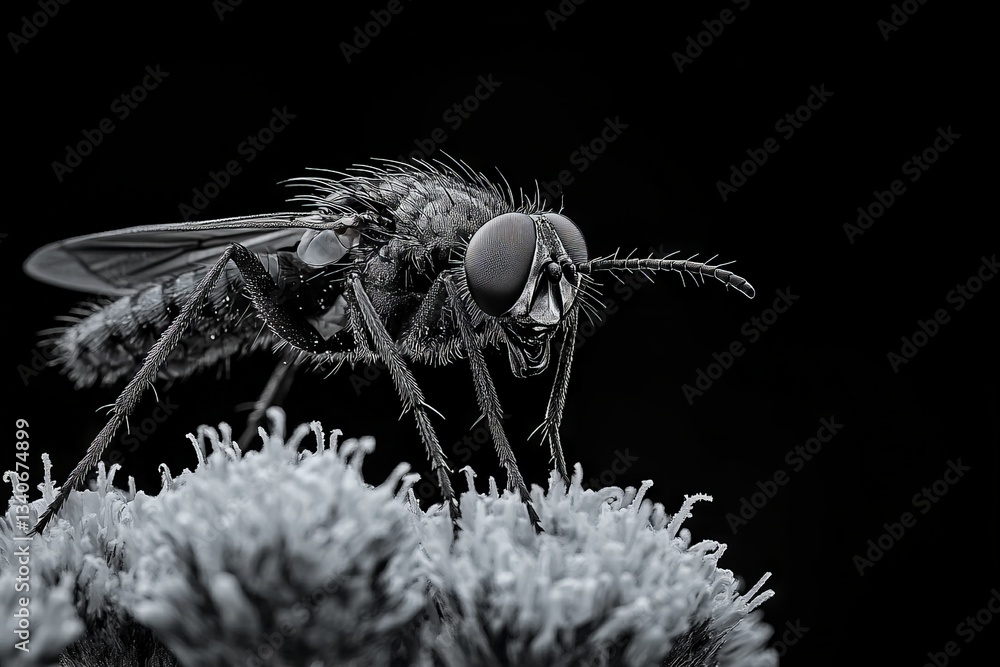 Poster Close-up of a black fly resting on a soft surface displaying intricate details of its anatomy under low light