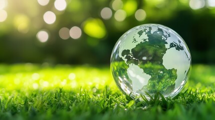 Glass globe representing Earth, surrounded by lush green grass, symbolizing environmental awareness, Earth Day, sustainability, nature conservation, and eco-friendly living.