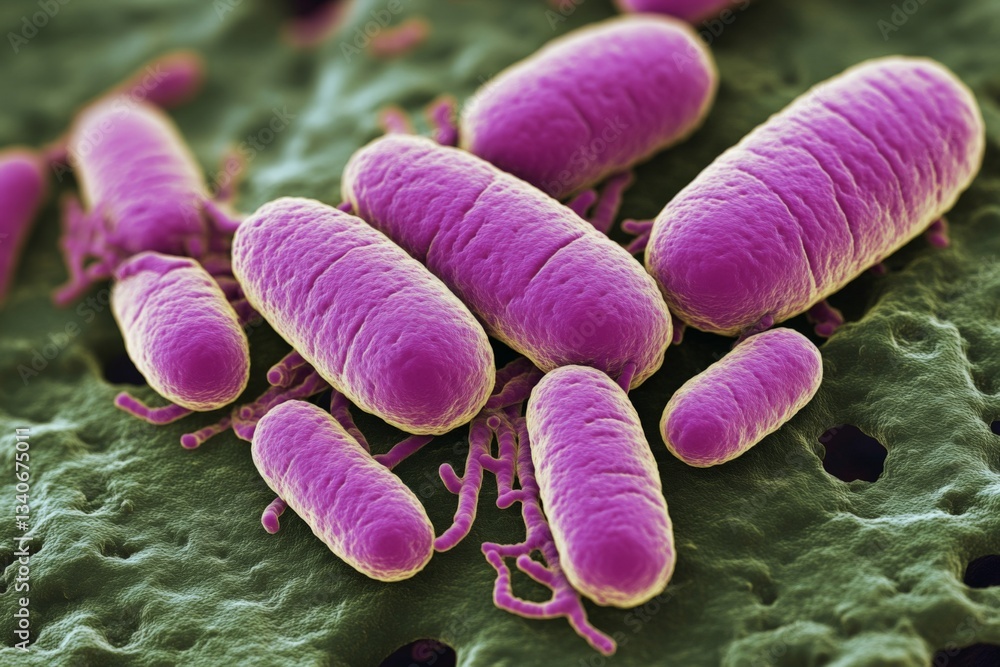 Aufkleber detailed view of purple bacteria on a surface with distinct textures captured in a scientific contex