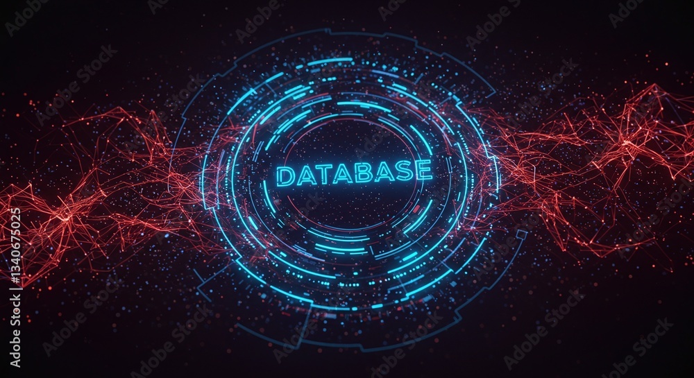 Poster digital database: abstract digital representation of database, data flow with a dark background, ref